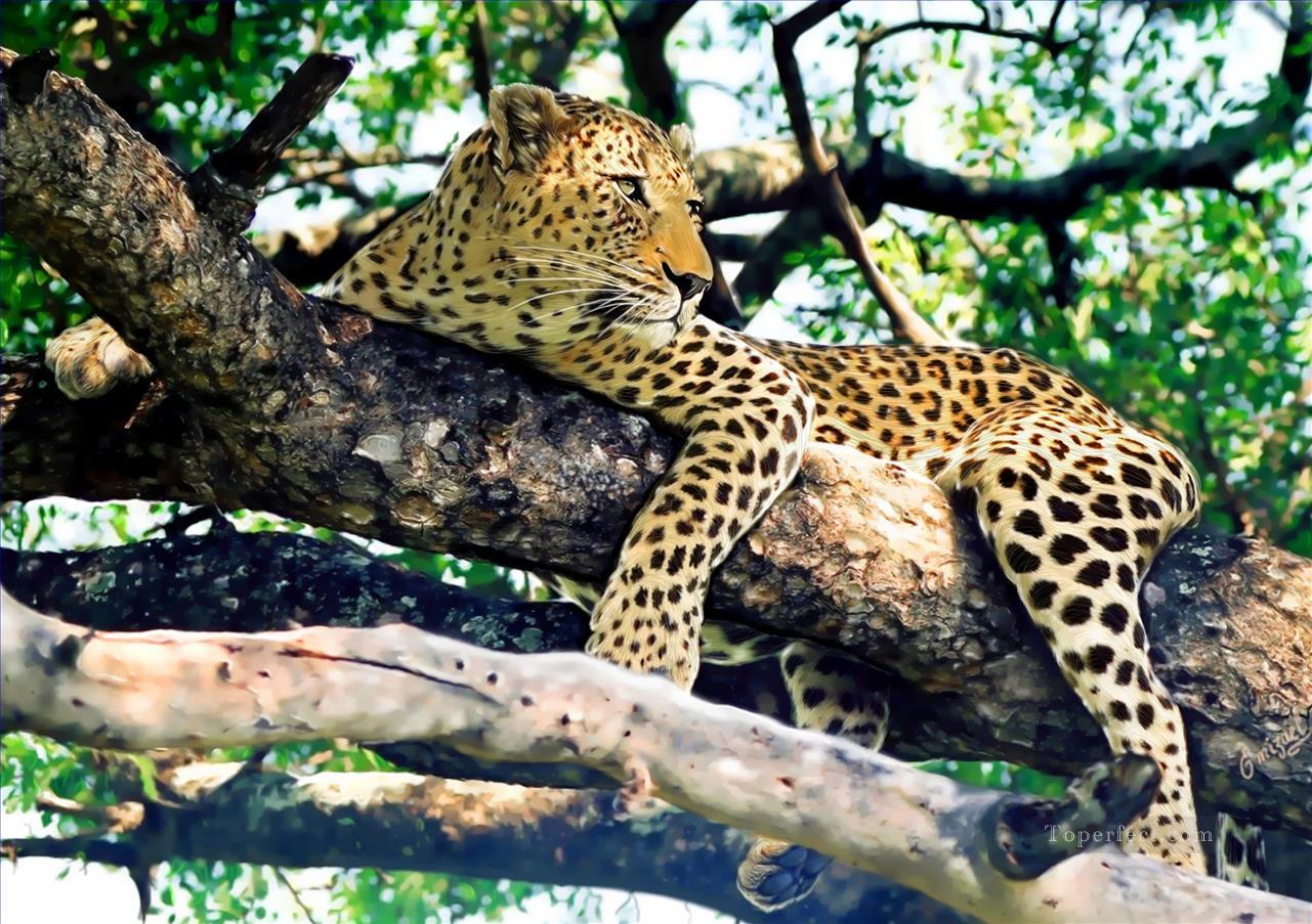 léopard sur arbre Peintures à l'huile